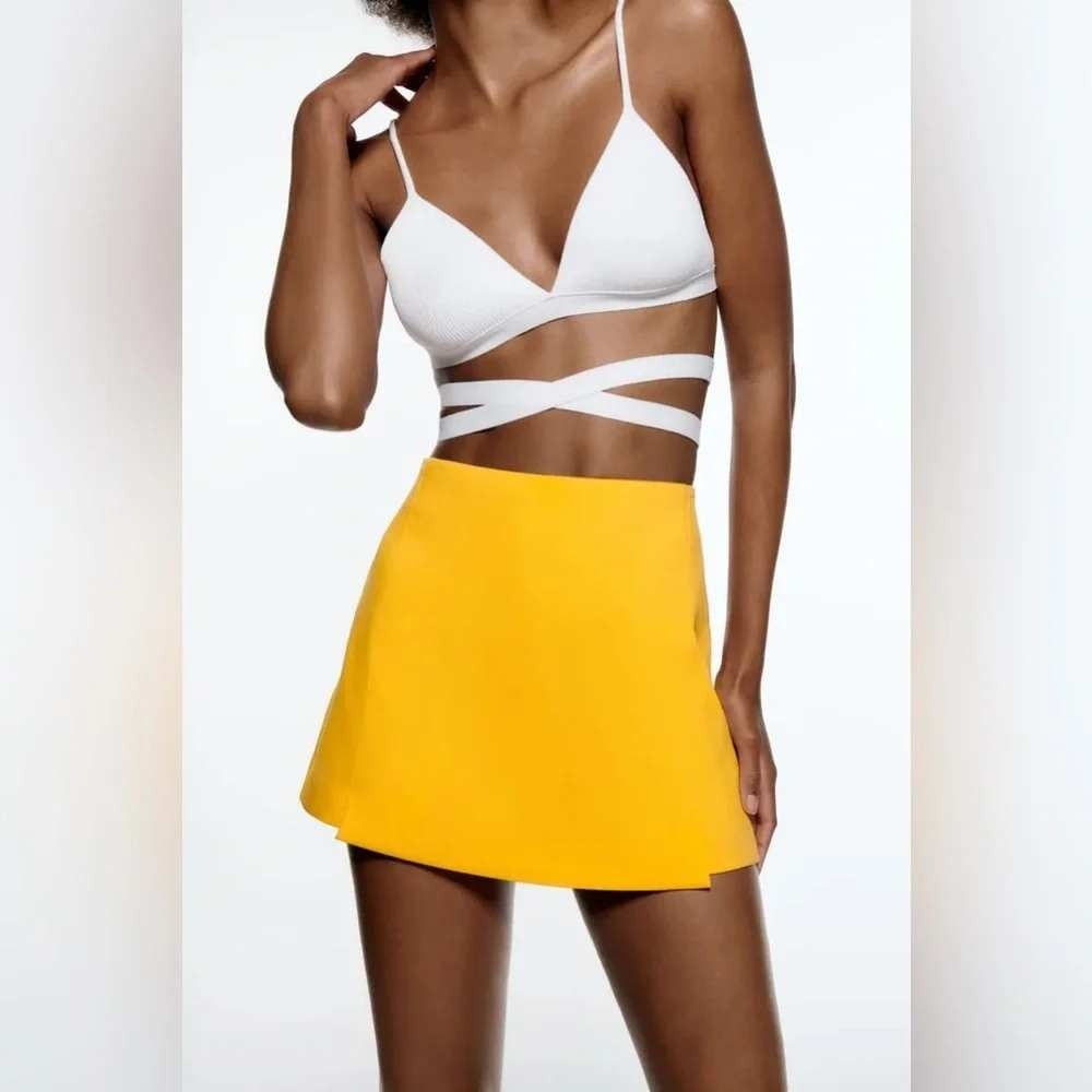 Zara Marigold Yellow Wrap Mini Skort High-Waisted Origami Cotton Blend XS